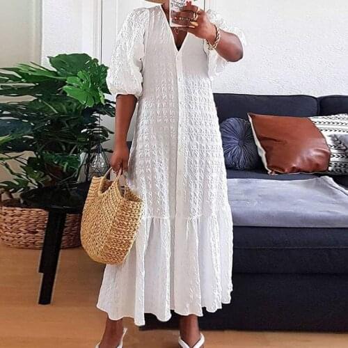 Autumn Half Sleeve Button V Neck Party Maxi Dress Casual Women Long Shirt Dress Summer Embossing Boho Solid Beach Dress Vestido