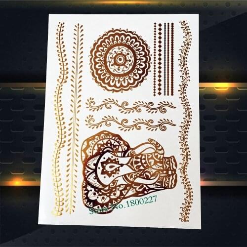 1PC Large Size Gold Elephant Flash Metallic Tattoo Stickers PYS-97 Henna Indian Tattoo Sunflower Fake Waterproof Tattoo Ganesha