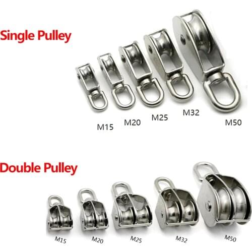 1PC M15 M20 M25 M32 M50 Stainless Steel 304 Single or Double Wheel Swivel Lifting Rope Pulley Block 35KG-400KG for Wire Rope
