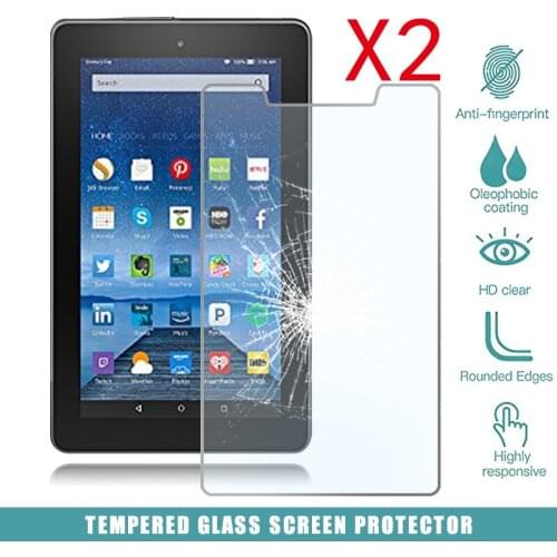 2Pcs Tablet Tempered Glass Screen Protector Cover for Amazon Fire 7 (5th Gen 2015) Alexa Full Coverage HD Tempered Film
