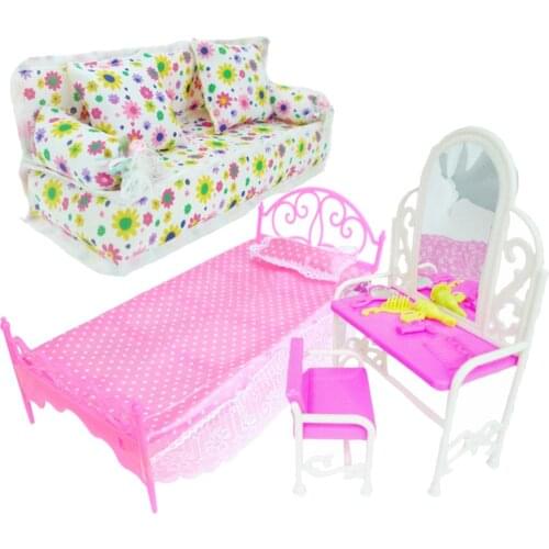 3 Items / Lot = 1x Pink Mini Doll Bed + 1x Fashion Dresser + 1x Family Bedroom Sofa Cushion Dollhouse Furniture for Barbie Doll