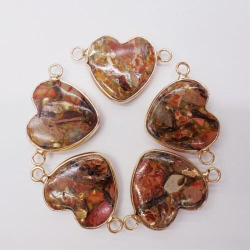 5Pcs 27x15x6mm Alloy Serging Red & Brown Sea Sediment Jasper & Pyrite Love Heart Pendant DIY Jewelry Bracelet Accessories M458