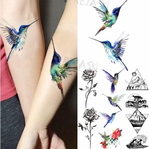 Watercolor Little Hummingbird Arm Temporary Tattoos For Women Adult Rose Geometry Mountain Sea Fake Tattoo 3D Half Sleeve Tatoos