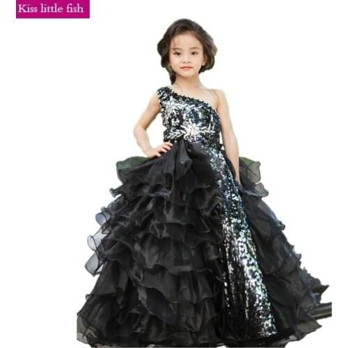 Free shipping Free custom made size Black One Shoulder girls pageant dresses Evening dress for girl kid Girls party dress