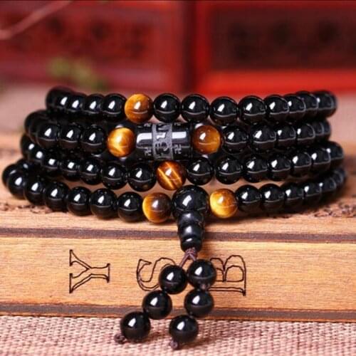 Black 108 Prayer Beads Tiger Eye Stone Bracelet Necklace Crystal Strand Mala Rosary Buddhist Buddha Lover Lucky Amulet Jewelry