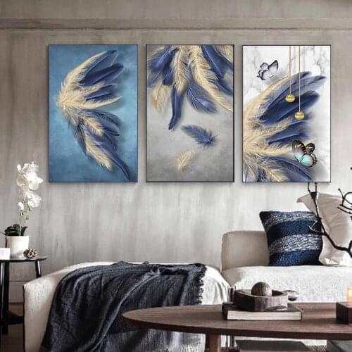 Modern Abstract Blue Feather Canvas Painting Nordic Posters and Prints Art Wall Pictures for Living Room Luxury Decoration