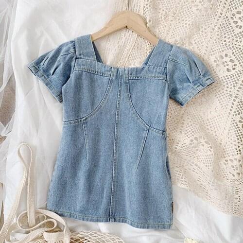 Pretty Girls Dresses Summer 2021 Kids Denim Dress for Girls Puff Sleeve Jeans Dresses Toddler Baby Girls Kids Clothes 3-8 Years