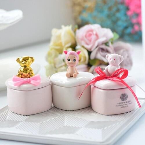 Creative European Ceramic Wedding Candy Box Cute Pink Bear Sculpture Lid Birthday Souvenir Wedding Supplies