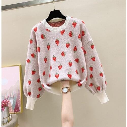Kawaii Womens Strawberry Pattern Sweaters Fall Winter New Sweet Casual O-neck Warm Knitted Pullovers Female Warm Loose Tops