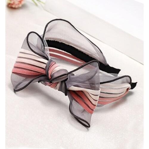 Sweet Ladies Striped Mesh Bow Headband Child Hair Accessories Wholesale Korea Knotted Hair Bow Hairband for Girls
