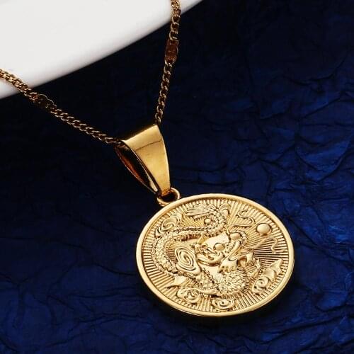 Fashion Women Gold Color Chinese Dragon Pendant Necklace Trendy Round Animal Charm Jewelry
