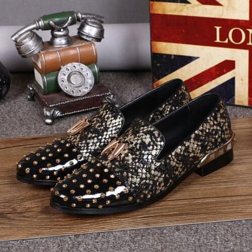 Christia Bella Large Size Handmade Fashion Mens Party Loafers Shoes Genuine Leather Rivet Printing Male Smoking Slippers Shoes