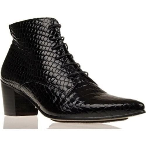 Brand Pointed Toe High Heel Genuine Leather Shoes Men Fashion Lace Up Dress Ankle Boots Black Snakeskin High Top Basic Boots