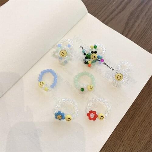 Origin Summer Korean Fashion Multicolor Beaded Flower Shape Ring for Women Textured Smile Face Hollow Index Finger Ring Jewelry