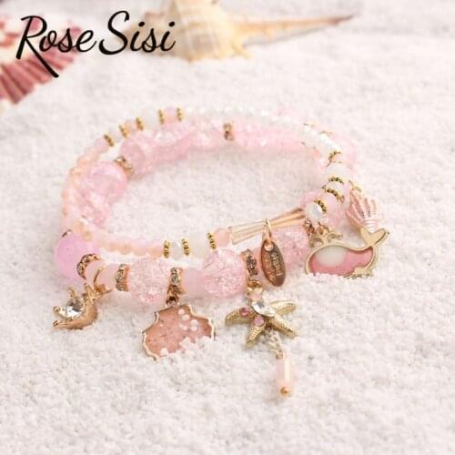Rose sisi Korean style fresh bracelet for woman Beach style crystal glass beads dolphin shell womens Wrist bracelet Friendship