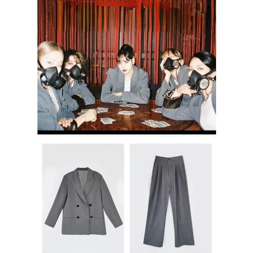 Kpop Korean Lisa Stage Show Double Breasted Oversized Blazers Jackets Coat + Loose High Waist Straight Wide leg Pants Women Sets