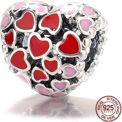 New 925 Sterling Pink Enamel Openwork Heart Charm Fit Original Pandora Charm Bracelets Necklace For Women DIY Jewelry
