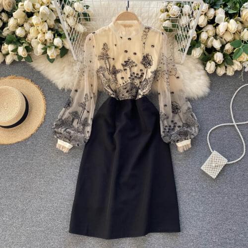Women New Fashion Embroidery Perspective Mesh Stand Collar Long Sleeve High Waist Slimming Stitching Dress Elegant Vestidos R466