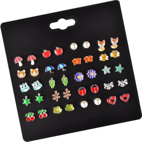 20PRS/SET Cute Colorful Enamel Mushroom Tortoise Fox Animals Stud Earrings for Women Girls Party Pearl Heart Earring Set Jewelry
