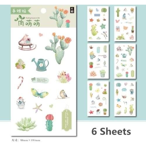 6 Sheets/Set Cute Cactus and Flowers Decorative Sticker DIY Diary Scrapbooking Label Stickers Gift Stationery