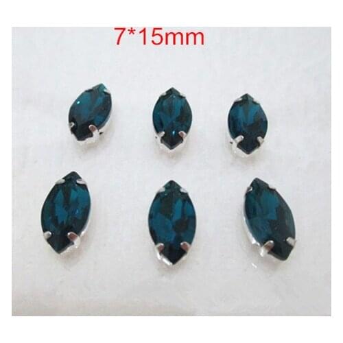 7*15mm High quality Sew on Marquise Bead,Peacock Blue Navette beads Silvery set with 4 Hole Slider,Craft Jewelry Supplies