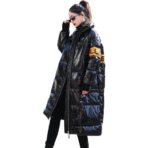 Black Glossy Cotton Jacket Coat Women Winter New Down Cotton Parkas Coats Female Long Warm Black Overcoat Lady Casual Loose Coat