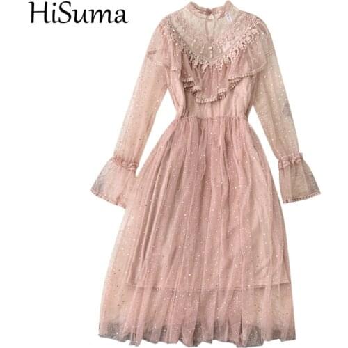 HISUMA Spring Autumn Women Lantern Sleeve Bling Sequin Ruffles Pleated Chic Dress Lady Bead Elastic Slim Mesh Gauze Midi Dress