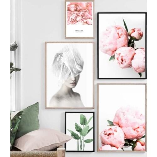 Peony Flower Plant Leaves girl wing shell Wall Art Canvas Painting Nordic Posters And Prints Wall Pictures For Living Room Decor