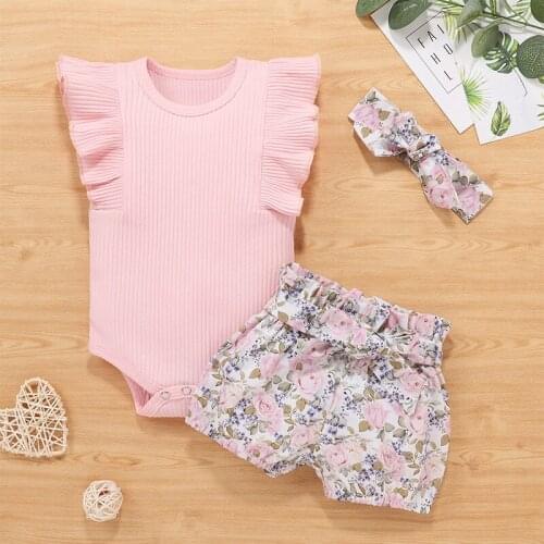 Newborn Toddler Baby Girls Clothes Sets Baby Girls Solid Color Romper Bodytsuit+Floral Print Shorts Set Infant New Born Clothes