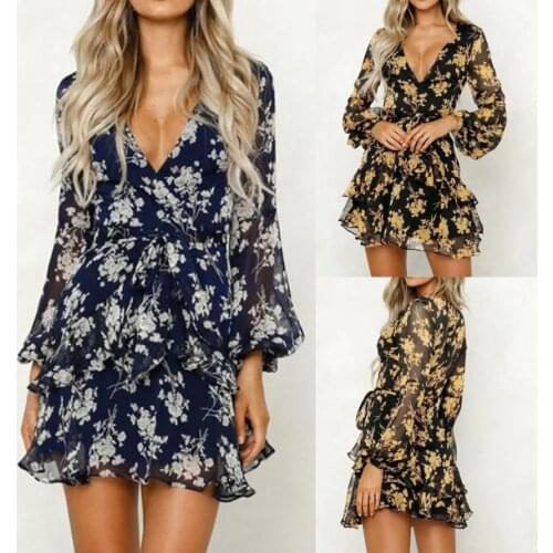 Summer Dress Women Floral Leaf Printed Lantern Sleeve Empire Dresses Ladies Beach Casual Mini Dress Vestidos