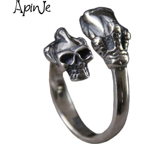 Apinje Thai Silver S925 Sterling Silver Skull Open Ring for Men Skeleton Punk Jewelry