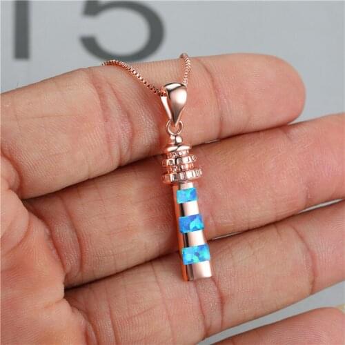 Geometric White Blue Opal Pendant Necklace Fashion Pagoda Dainty Tower Necklace Rose Gold Silver Color Chain Necklaces For Women
