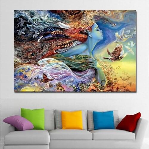 HD Prints Abstract Artwork Beautiful Girl With Butterfly Bird Painting Printed On Canvas Prints Posters Home Decor Art Painting