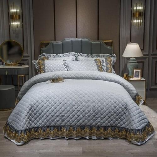Luxury Gray Blue Beige Crystal Velvet Flannel Fleece Quilted Gold Lace Bedspread Bed Cover Bed Sheet Mattress cover Pillowcases