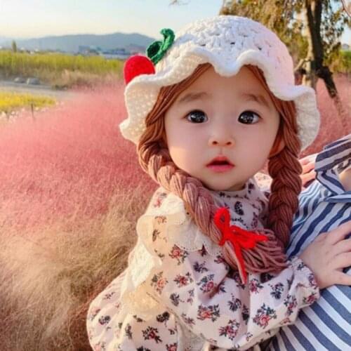 Handmade Knitted Baby Girls Wig Hat Infants Photography Props Headwear Newborn Wigs Brades Kids Crochet Cap with Plaits
