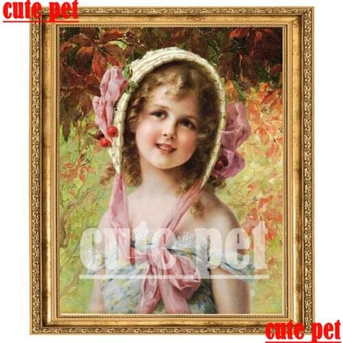 Needlework Diy gift Diamond Painting Little girl with flower hat Cross Stitch Full Square round Diamond Embroidery Mosaic Crafts