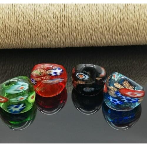 4PCS Mix Colors Chinese Style Jewelry Mix Color Lampwork Glass Murano Rings 17-19mm Green Blue Black Red Flower Ring