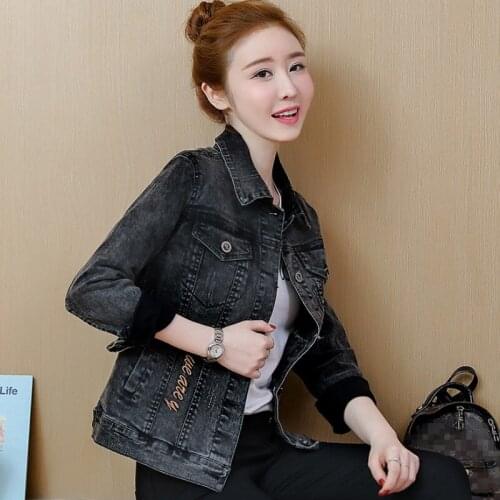 Harajuku Women Short Denim Jacket Letters Embroidery Slim Fit Coat Casual Outwear Pocket Single Breasted Korean Female Jackets