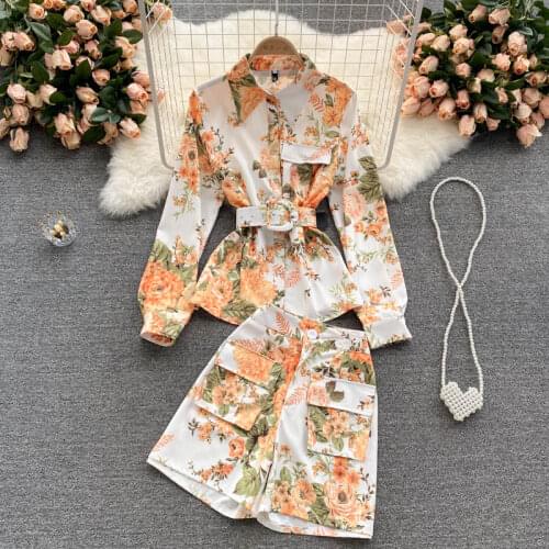 Amolapha Women Summer Retro Print Shirts Clothes Sets Turn Down Neck Lantern Sleeve Blouses + High Waist Shorts Female OL Suits