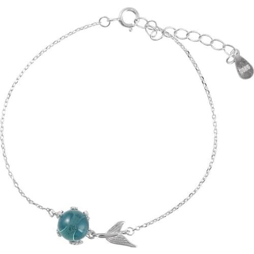 925 Sterling Silver Blue Foam Fish Tail Bracelet Trendy Link Chain Women Girlfriend Ladies Animals Bracelet Bangles Pulseras