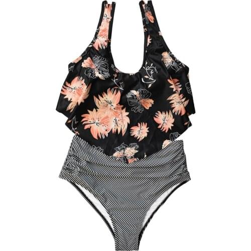 VECENEY Women Two Pieces High Waisted Ruffle Bikini Set V Neck Swimwear Beach Bathing Suit, Floral Top