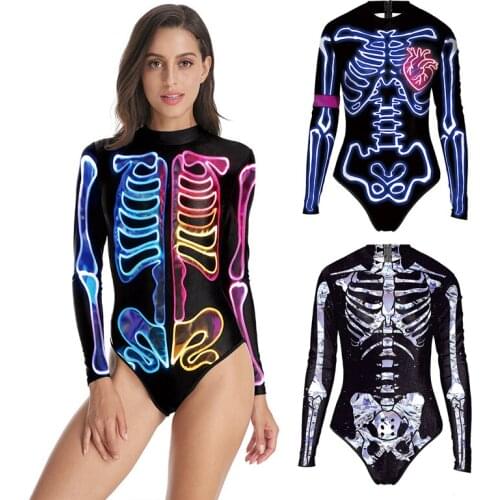 2021 New Halloween Human Body Skeleton Series 3D Personality Printing Long-sleeved Tight-fitting Female Swimsuit All-in-one