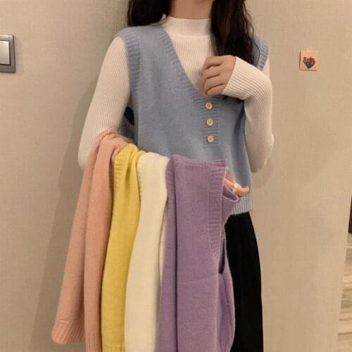 Korean Style Sweater Vest Women 2021 Autumn Macaron Color Casual Buttons V Neck Sleeveless Pullover Knit Tank Top Waistcoat T703