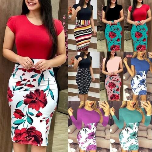 Office Ladies Wrap Hip Dress 5XL Big Size Short Sleeve O Neck Women Summer Dresses Floral Print Casual Vestidos Femme 20 Styles