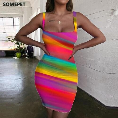 SOMEPET Colorful Dresses Women Abstract 3d Print Novel Sundress Harajuku Vestido Sexy Womens Clothing Party Vintage Boho Femme