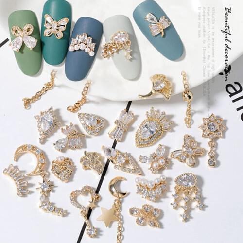 Newest 2Pieces Lot Pendant Chain 3D Alloy Butterfly Nail Art Zircon Pearl Metal Manicure Nails DIY Accessories Nail Decoration