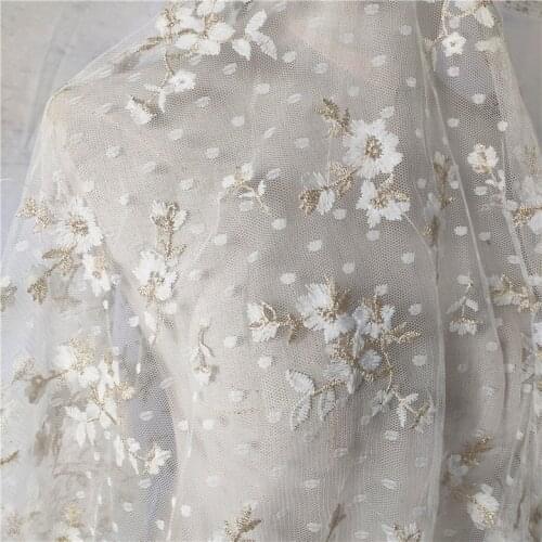 White Polka Dot Mesh Embroidered Flowers Lace Fabric Tulle Fabric for Wedding Dress Skirt