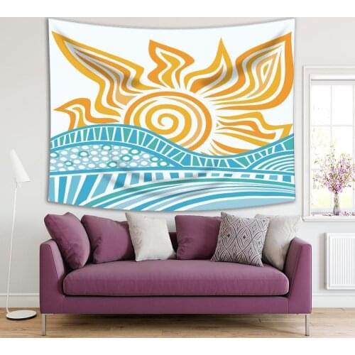 Tapestry Wavy Sea and Raising Sun Doodle Cartoon Style Fun Illustration Printed Yellow Blue