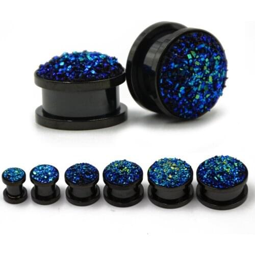 Blue Druzy Quartz Black Anodized Synthetic Stone Ear Flesh Tunnel Plug Piericng Jewelry Screw Fit Expanders