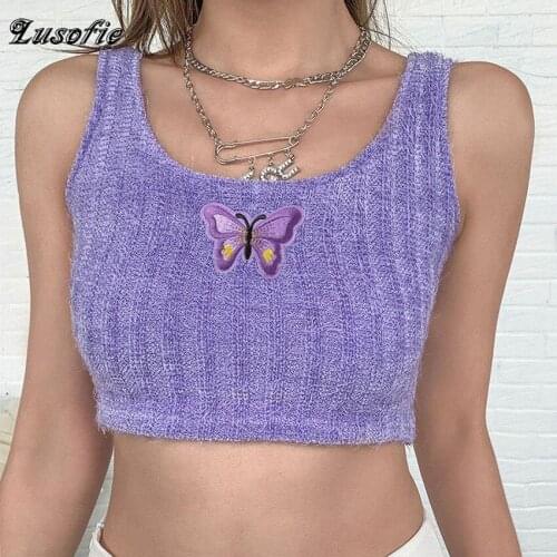 Lusofie Purple Sexy Butterfly Print Tank top Womens Casual Slim Short tanks top Open Back Basic Camisole Fashion High Street